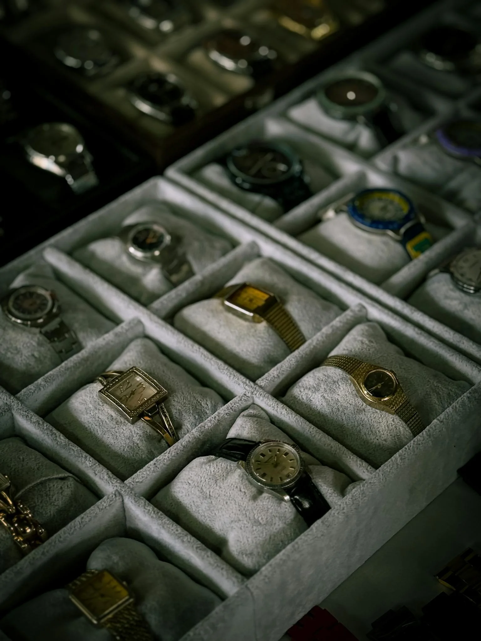 A curated collection of luxury watches displayed in neatly arranged boxes.